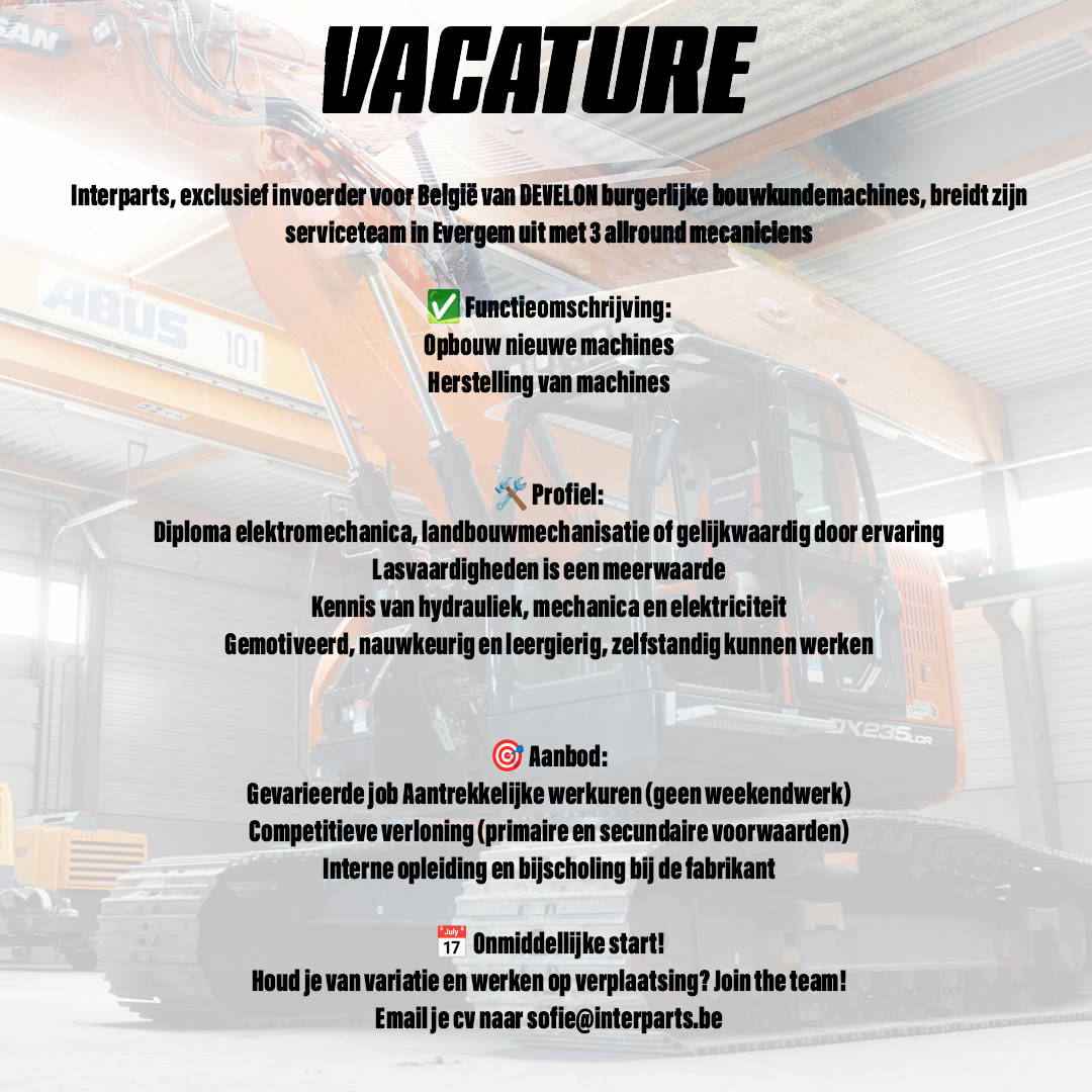 Sluit je aan bij ons dynamisch team: Interparts werft 3 allround mecaniciens aan om het serviceteam in Evergem te versterken!